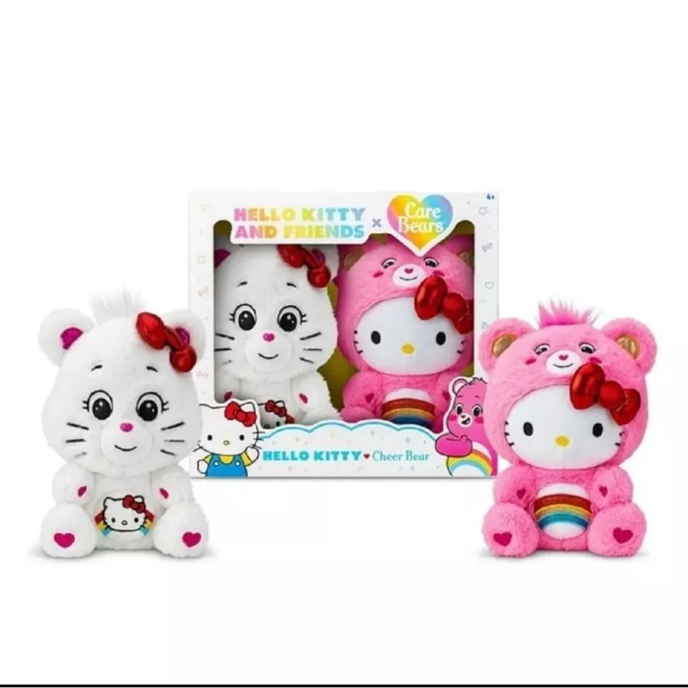 Hello Kitty Loves Cheer Bear 10" Collectible Care Bears Plush 2-Pack NIB